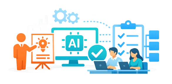 担当者がAI活用を提案し、チームがパソコンで業務にAIを取り入れている様子のイラスト